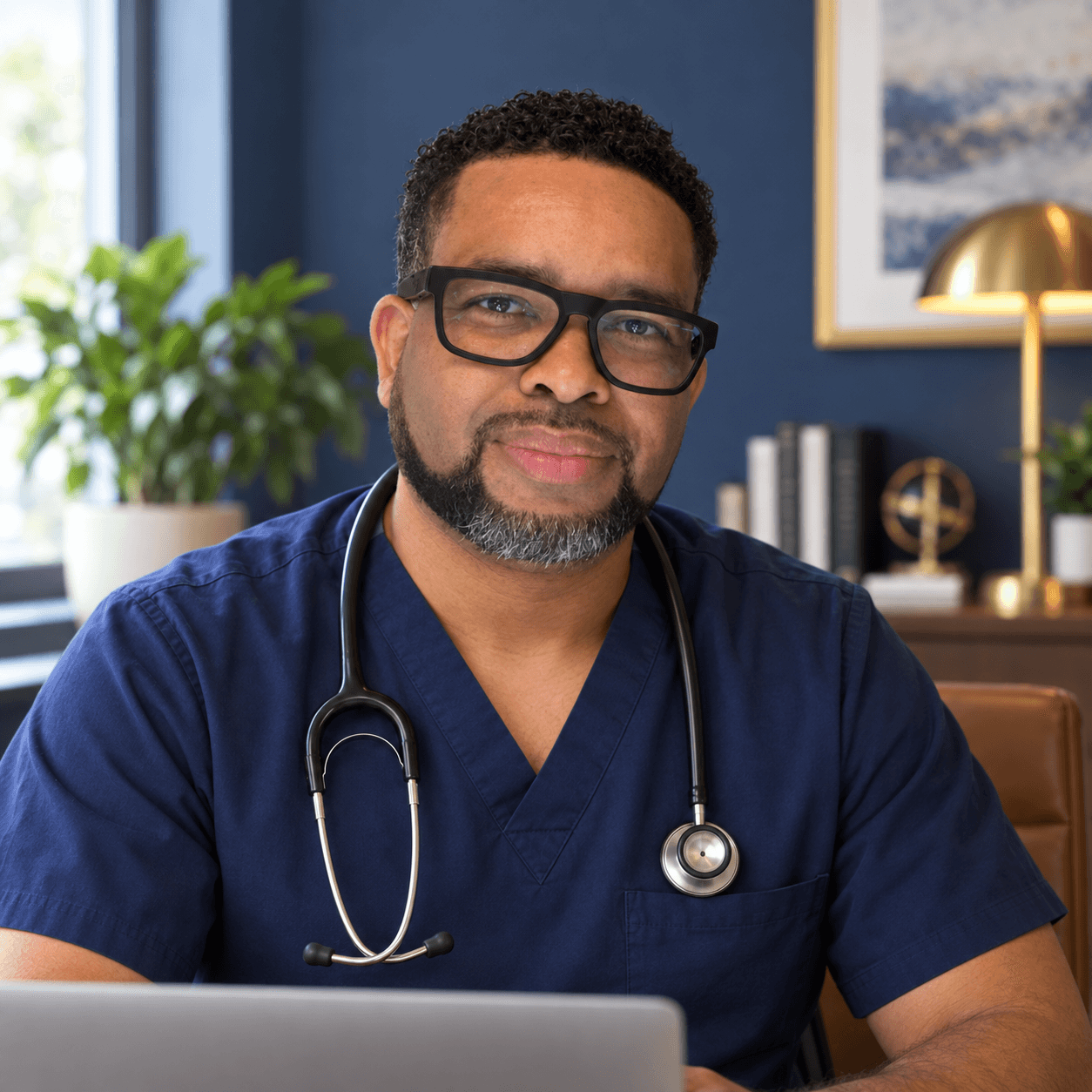 Clinician providing a video consultation from a laptop